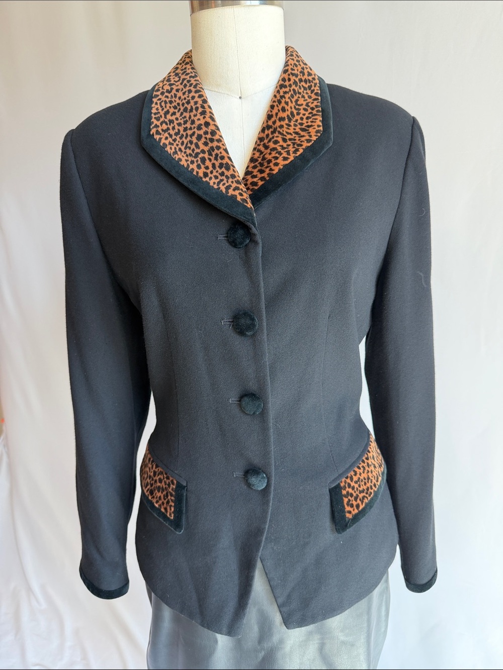 Kasper Black Blazer with Leopard-Print Trim